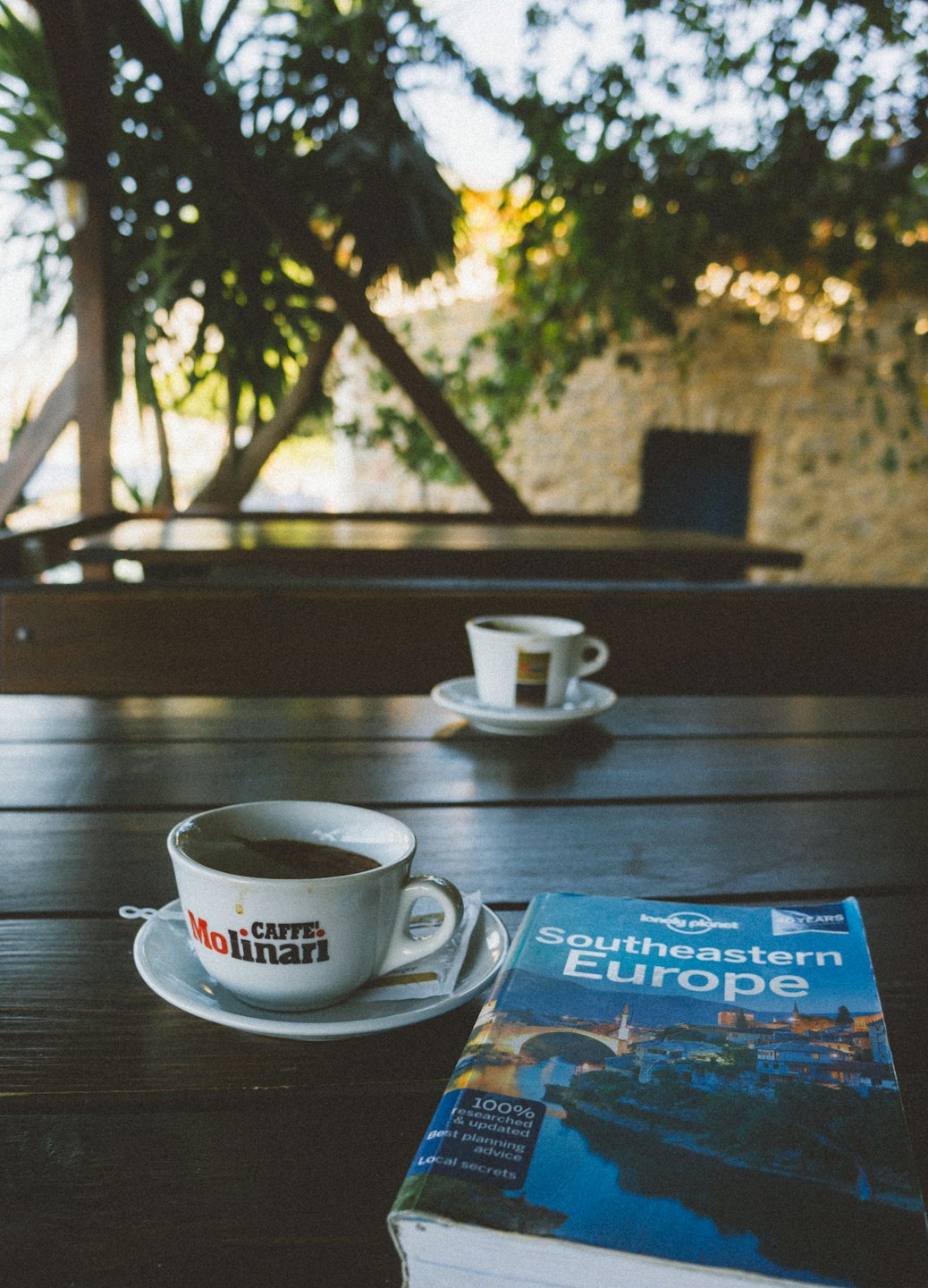 Coffee cup and travel guide on a wooden table.